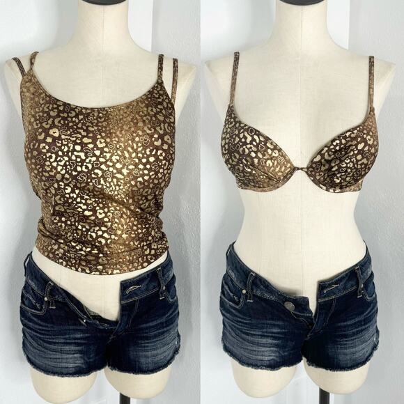 Vintage 90s Leopard Print Bikini Top Tankini Swim Set Brown Metallic Carabella - Picture 1 of 5